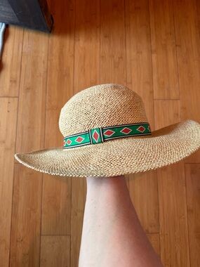 H&M Natural Straw Sun Hat with Green & Red Geometric Band